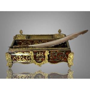 ENCRIER NAPOLEON III EN MARQUETERIE BOULLE ORNÉ DE BRONZE ET SON PORTE PLUME