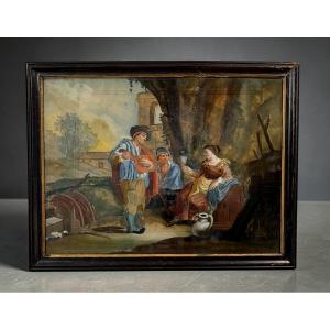 TABLEAU / ECOLE FRANCAISE DU XVIIIe FIXÉ SOUS VERRE " SCENE GALANTE N°1 "