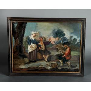 TABLEAU / ECOLE FRANCAISE DU XVIIIe FIXÉ SOUS VERRE " SCENE GALANTE N° 2 "