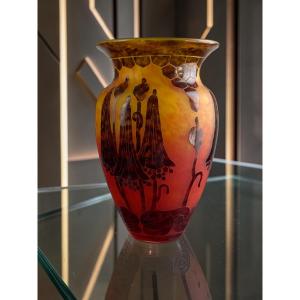 CHARLES SCHNEIDER – LE VERRE FRANCAIS, VASE ART DECO A DECOR DE CAMPANULES