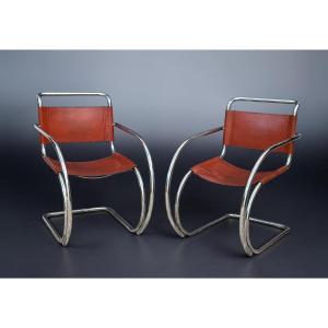 Pair Of Mr20 Leather And Chrome Armchairs From The 1970s, Designed By Mies Van Der Rohe