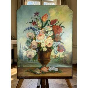 PEINTURE DE BOISERIE DU XIXe – NATURE MORTE AU BOUQUET DE FLEURS 109cm × 83 cm
