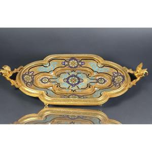 Gilded Bronze Tray With Champlevé Enamels, Signed By Alphonse Giroux, Napoleon III
