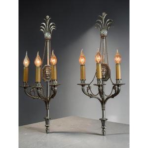 PAIRE D APPLIQUES SIGNÉES " MAISON CHARLES " de 68 CM EN BRONZE ARGENTÉ