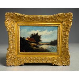 Painting / Signed Oil On Panel Depicting A Landscape With A Pond (framed)