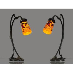 Pair Of "daum Nancy" Tulip Lamps, Signed, From The Art Nouveau Period