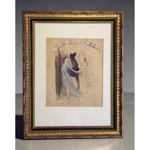 LITHOGRAPHIE REHAUSSÉE A AQUARELLE DE MARIE LAURENCIN 1883-1956 " LES BICHES "