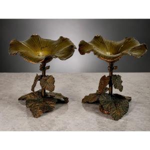 PAIRE DE COUPES EN BRONZE PATINÉ A DECOR VEGETAL – SUSSE FRERES- ART NOUVEAU