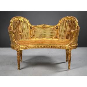 CANAPÉ /BANQUETTE EN DOUBLE CANNAGE BOIS DORÉ STYLE LOUIS XVI DES ANNÉES 1900