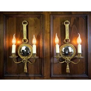 PAIRE D'APPLIQUES  EN BRONZE DORÉ AVEC MIROIR CONVEXE SIGNÉE PETITOT DES ANNÉES 30