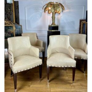 Set Of 4 Vintage Art Deco-style Armchairs In Beige Crocodile-print Leather