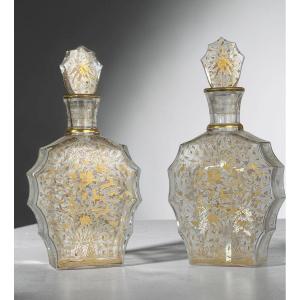 Pair Of Baccarat Decanters - “djeddah” Model – Engraved And Gilded Crystal – Circa 1946