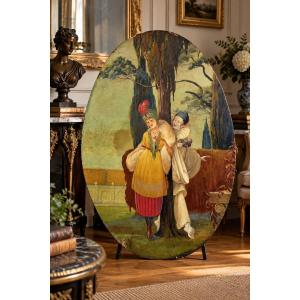 GRAND TABLEAU OVALE DE " THEODORE BOUISSET " PIERROT ET ELEGANTE EPOQUE ART DECO