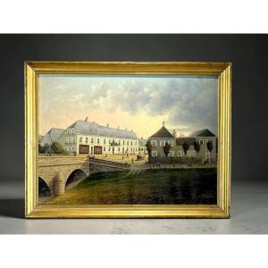TABLEAU ANCIEN XIXe –VUE D'UNE VILLE AVEC PONT ET PERSONNAGES– HUILE SUR TOILE