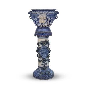 Large Planter On A Glazed Stoneware Pedestal In The Westerwald Style, 19th Century