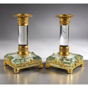 Pair Of 19th-century Empire-style Candlesticks In Crystal And Gilded Bronze