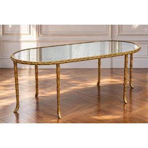 Ring-footed / Coffee Table In Gilded Bronze With Foliage Decor And églomised Mirror