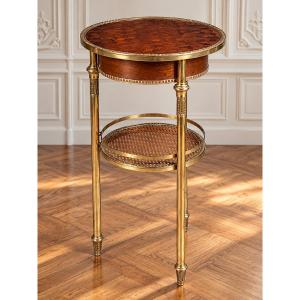 GUERIDON ROND DE STYLE LOUIS XVI EN BRONZE DORÉ /MARQUETERIE DE BOIS ET CANNAGE