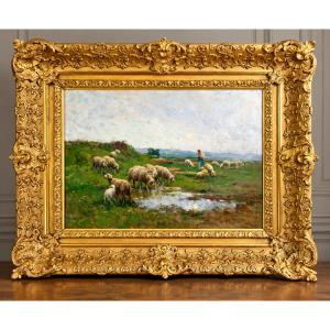 Painting / 19th-century Oil On Canvas By A. Prevot .valeri (shepherdess And Her Flock)