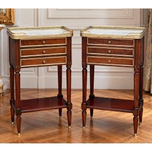 Pair Of Mahogany Nightstands With Brass Details In The Louis XVI Style, With Marble Tops