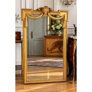 Antique Wood And Gilded Stucco Mirror In The Louis XVI Style / With Beveled Mirror