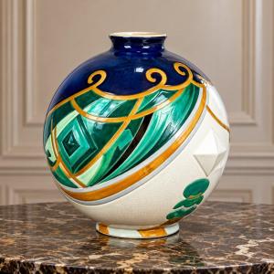 Large Sphere-shaped Vase Made Of Longwy Earthenware, "trianon Model," Art Deco Period