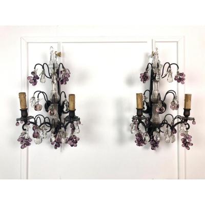 Pair Of Crystal And Bronze Wall Sconces For A 2-light Node