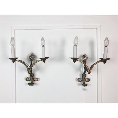 Pair Of Wall Sconces Of The 70s In Golden Metal