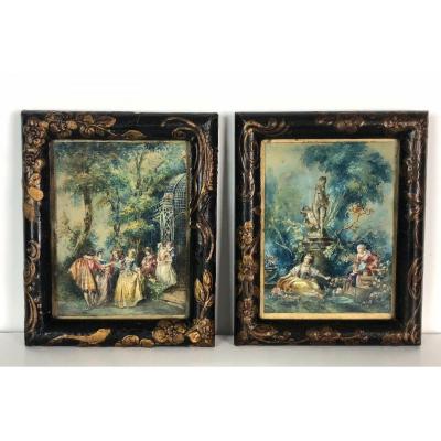 Pair Of Watercolors Enhanced Gouache "scenes Genre In The Taste Fragonard