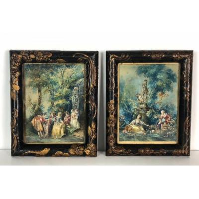 Paire d'Aquarelles RÉhaussÉes À La Gouache "scÈnes Genre Dans Le GoÛt Fragonard