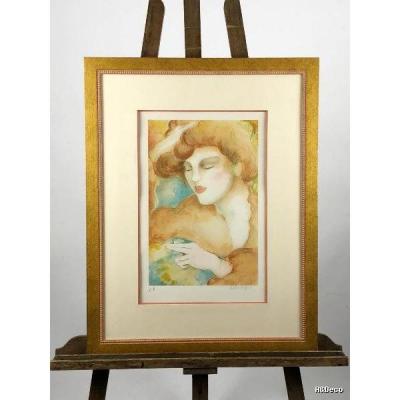 Table / Lithography "portrait Of A Young Woman" Signed And Authenticated