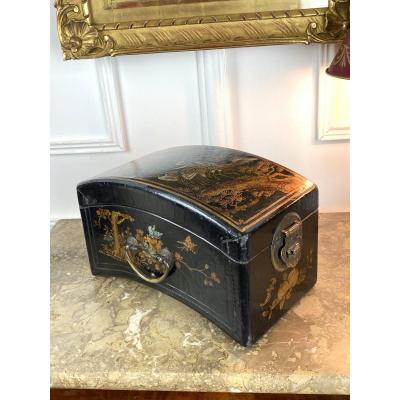 Old Boiled Cardboard Box Covered With Painted Leather With Bird Decor