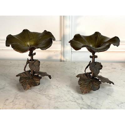 Pair Of Patinated Bronze Cups With Foliage Decor Foundry Susse Frères