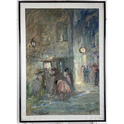 PEINTURE / HUILE SUR PAPIER "DE EMILE ALBERT DELLUC " SCENE DE RUE DES ANNÉES 30