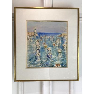 Watercolor Under Glass Of "jacques Zeitoun 1985" (the Port) Very Well Framed