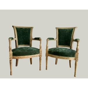 Pair Of Patinated Wood Armchairs Covered In Green Velvet Directoire Style