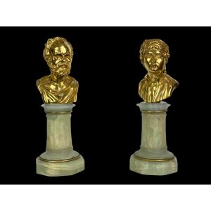 Paire De Bustes De Philosophes En Bronze DorÉ Sur Socle En Onyx Du XIXe 