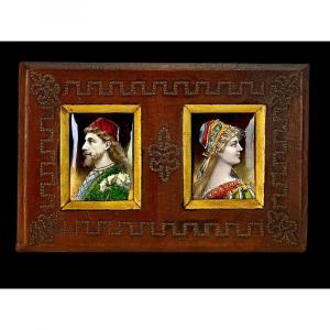 Pair Of 19th Century Copper Plates With Polychrome Monogrammed Enamel Decor Ma / Va