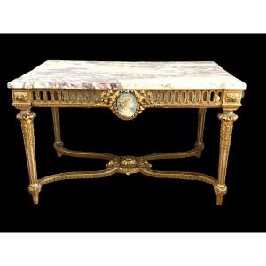 19th Century Louis XVI Center Table In Golden And Patinated Wood With Marble Top