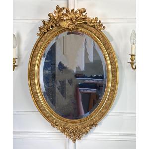 Miroir / Glace Ovale Epoque Napoleon III En Bois Et Stuc Doré De Style Louis XV