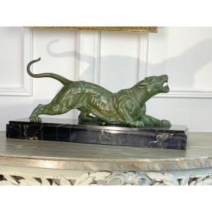 Dh.chiparus 1930 / Roaring Panther In Regule Hammered Green Patina On Marble