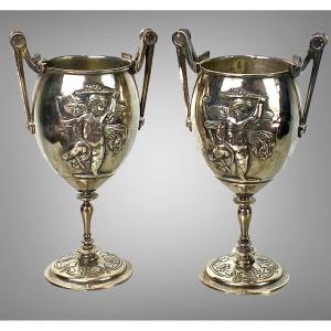 Ferdinand Barbedienne 1810/1892 Pair Of Silver Bronze Cups From The 19 Eme Decorated With Putti