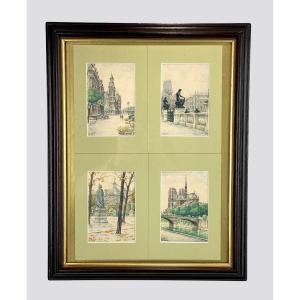 Table Of 4 Watercolors Of Old Paris By "g. Leduc" From 1945 Well Framed