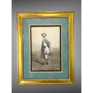 Paul Gavarni 1804/1866 Watercolor Drawing Under Glass "pierrot" Well Framed