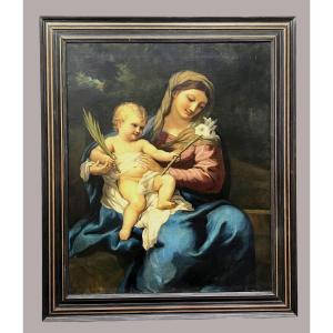 GRANDE PEINTURE DU XVIIIe / HUILE SUR TOILE " VIERGE A L ENFANT " ENCADRÉE