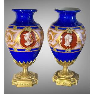 Pair Of Antique Louis XVI Style Porcelain Vases Decorated With Bronze