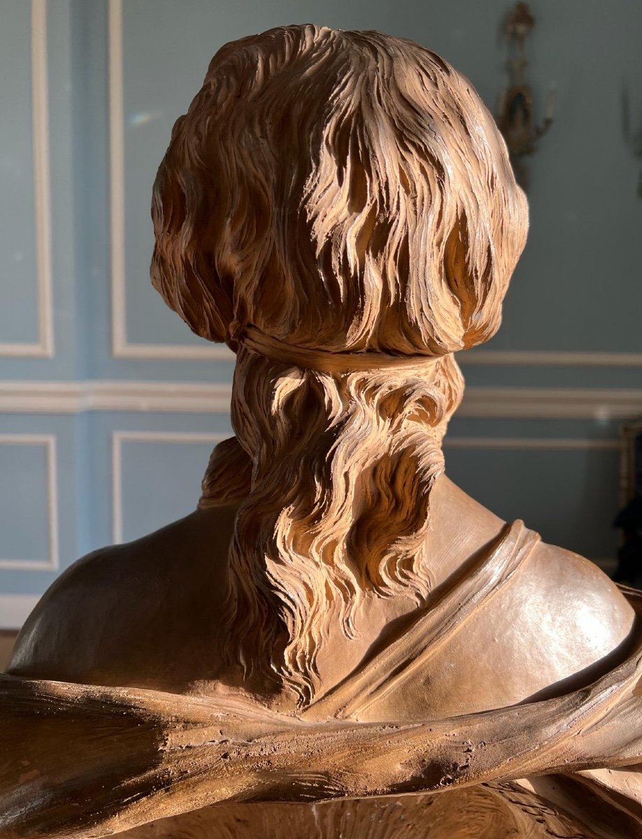 Buste terre cuite présumé de Mme De Pompadour signé "J.B. Pigalle F. 1758"-photo-1
