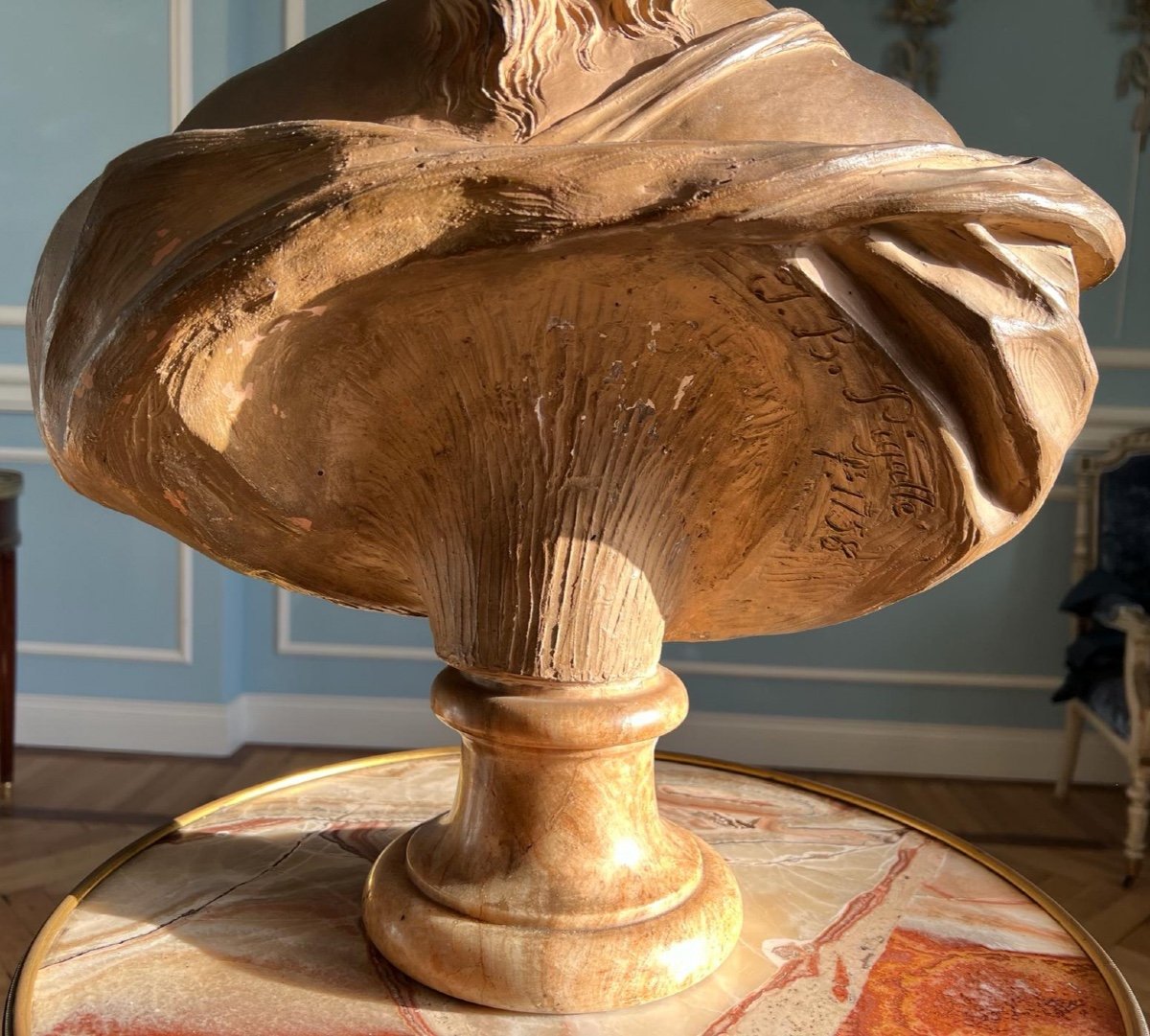 Buste terre cuite présumé de Mme De Pompadour signé "J.B. Pigalle F. 1758"-photo-2