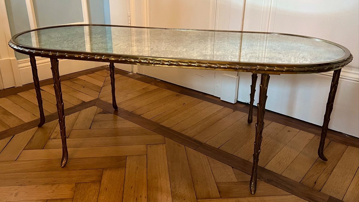 Gilt Bronze Coffee Table With Palm Tree Decor —attributed To Maison Charles