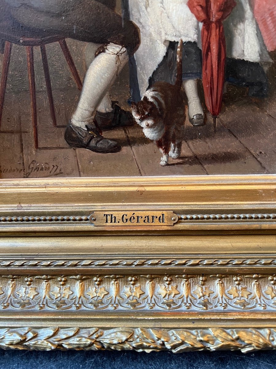 Théodore Gérard, Gallant Scene, Oil On Panel, Dated 1877 In Its Original Louis XVI Style Frame-photo-2